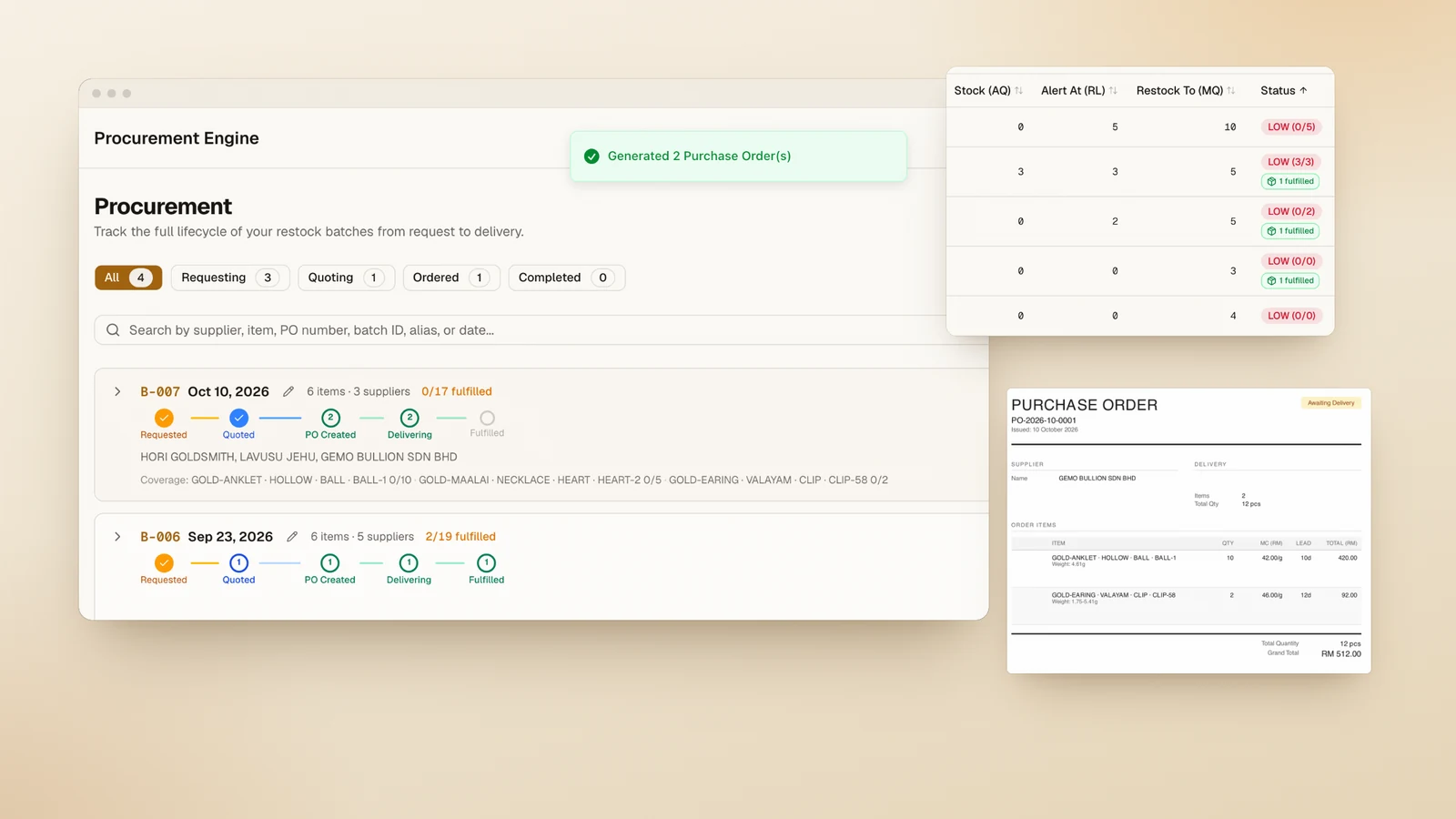 RestockingOS demo overview: restock batches tracked from request to delivery after two purchase orders were generated, gold items flagged LOW against their alert and restock levels, and the generated purchase order